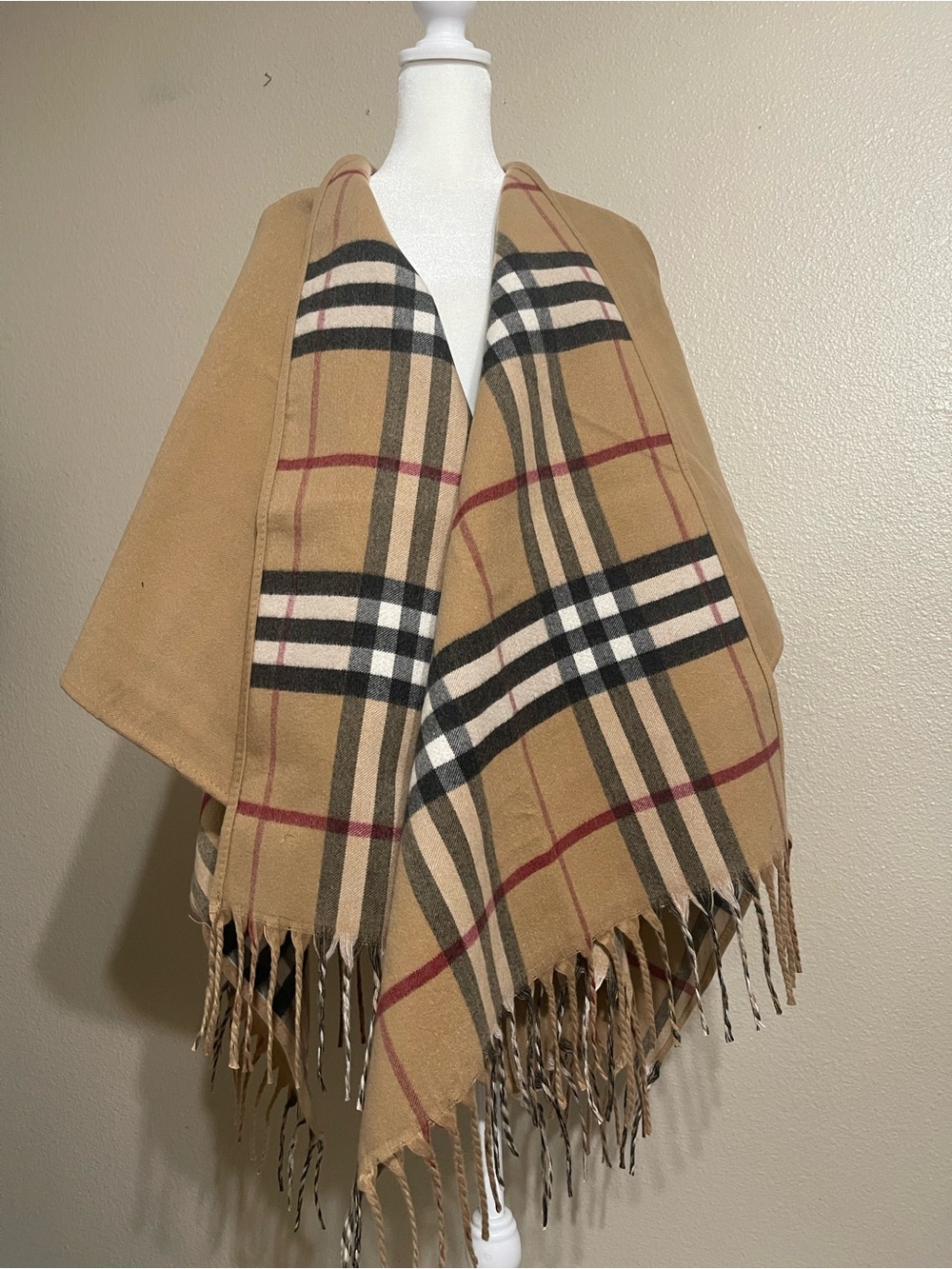 Reversible Plaid Wool Cape Fringe Poncho Shawl